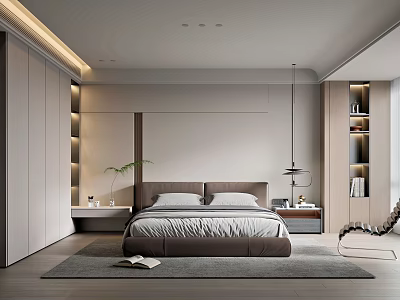 Modern Bedroom Interior With Upholstered Headboard Built-in Wardrobe Area Rug And Pendant Light 3d model