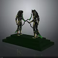 Egyptian Style Two Warrior Statues On Green Pedestal With Gold Black Details And Weapons