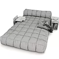 Brown Cushioned Double Bed With Quilted Surface Plaid Blanket And Side Table With Books Magazines