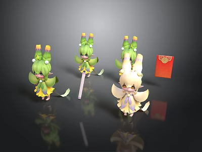 Cute Green Haired Figurines With Yellow Flower Decorations And Red Envelope 3d model