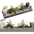 Indoor Landscape With Ferns Round Balls Stones And Small Lanterns In Rectangular Container 3d model