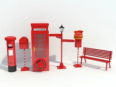 Red Urban Public Facilities Featuring Telephone Booth Lamp Post Mailbox And Bench 3d model