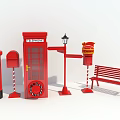 Red Urban Public Facilities Featuring Telephone Booth Lamp Post Mailbox And Bench