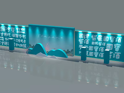 Chinese Style Photo Check In Spot With Blue Backdrop Mountain Decorations And Lighting 3d model