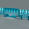 Chinese Style Photo Check In Spot With Blue Backdrop Mountain Decorations And Lighting