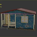 Wooden Cabin With Blue Exterior Peeling Paint White Roof And Wooden Steps