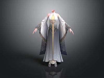 Elegant Flowing Long Robe With Gray White Fabric And Gold Accents 3d model