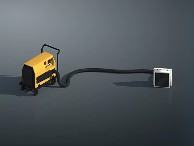 Yellow Mobile Industrial Equipment With Black Handle And Long Hose Connected To White Unit 3d model