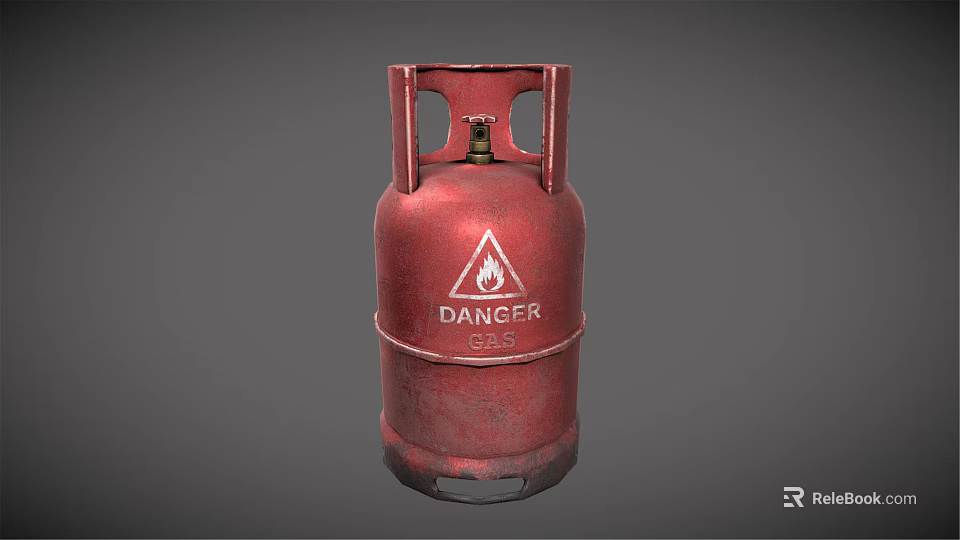 Red Gas Cylinder With Danger Sign And Flame Symbol On Gray Background 3d model 