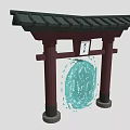 Traditional Entrance Gate With Black Tile Roof Red Pillars White Plaque And Circular Blue Ornament