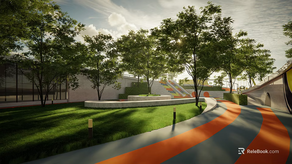 Outdoor Children's Play Area with Green Lawn Trees Curved Orange Gray Path and Slide 3d model 