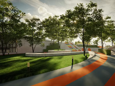 Outdoor Children's Play Area with Green Lawn Trees Curved Orange Gray Path and Slide 3d model