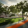 Outdoor Children's Play Area with Green Lawn Trees Curved Orange Gray Path and Slide
