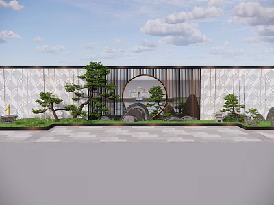 Traditional Rockery Stones Arrangement with Circular Window Pine Trees and Geometric Patterned Wall 3d model