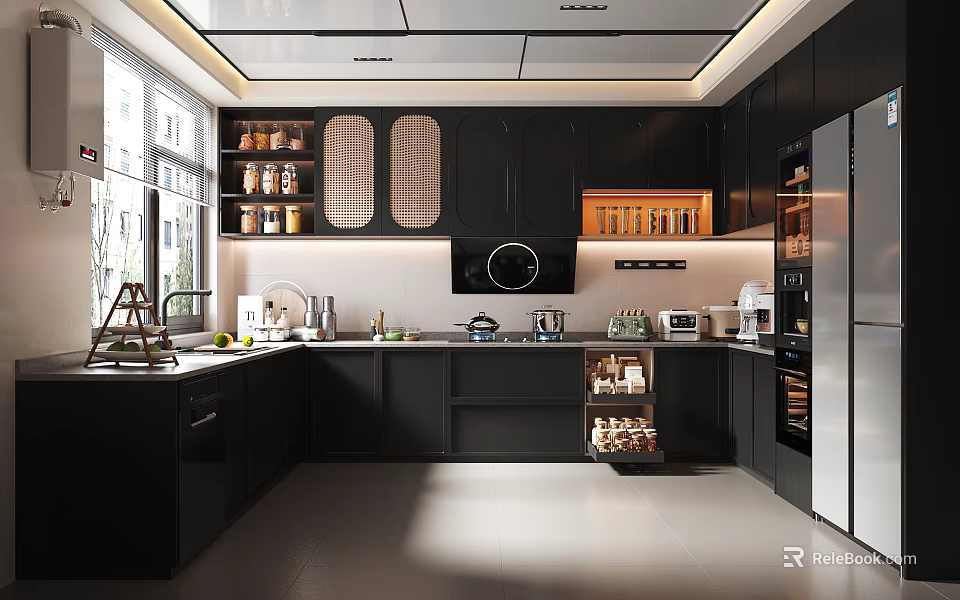 Elegant Modern Kitchen Interior Featuring Dark Cabinets Appliances And Open Storage Shelves 3d model 