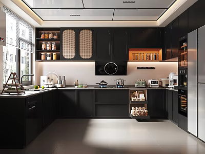Elegant Modern Kitchen Interior Featuring Dark Cabinets Appliances And Open Storage Shelves 3d model