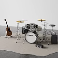 Musical Instruments Setup With Acoustic Guitar Drum Set Cymbals Stool And Speakers