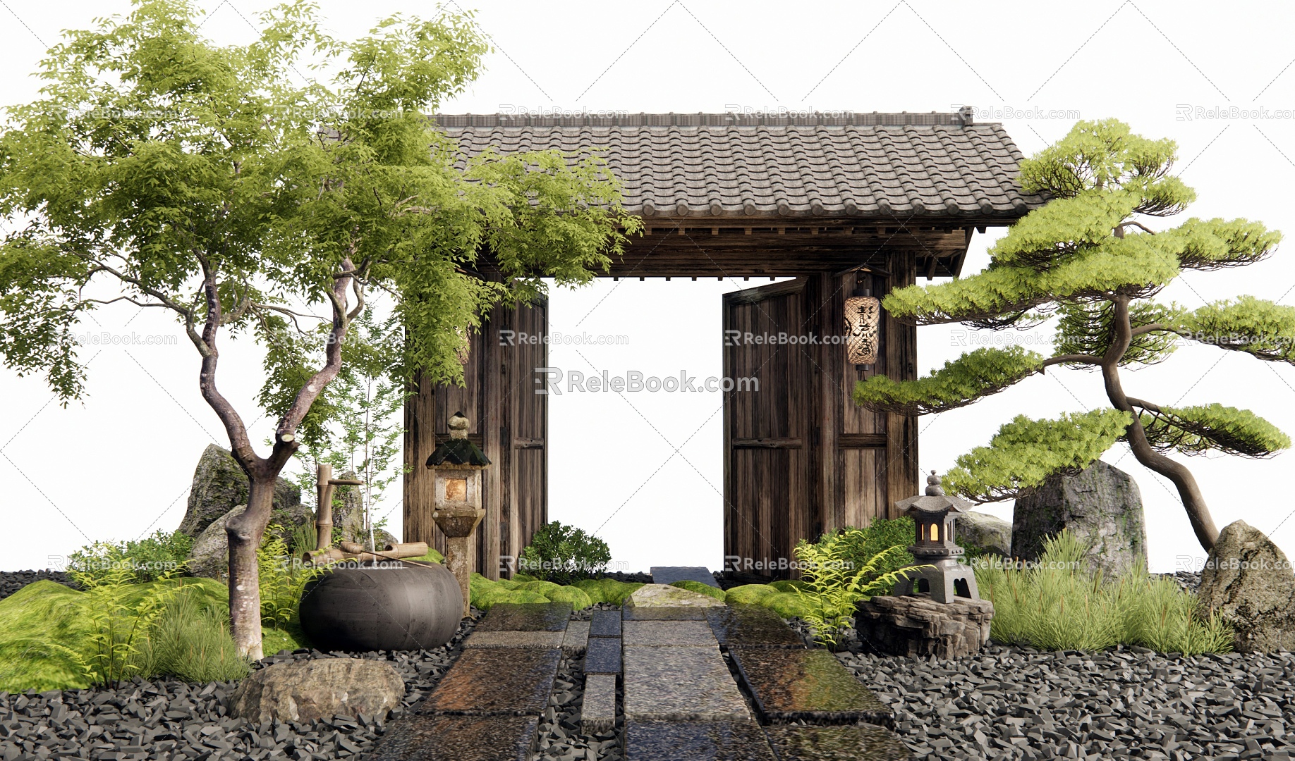 Japanese-style courtyard gate courtyard sketch landscape landscaping stone Tingbu stone slab road landscape tree plant landscape 3d model