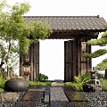 Japanese-style courtyard gate courtyard sketch landscape landscaping stone Tingbu stone slab road landscape tree plant landscape 3d model