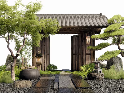 Traditional Wooden Entrance Gate With Japanese Garden Lanterns And Greenery 3d model