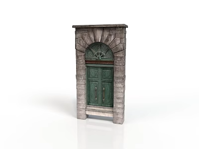 Green Wooden Door With Stone Wall Frame And Arched Top Design 3d model