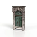 Green Wooden Door With Stone Wall Frame And Arched Top Design