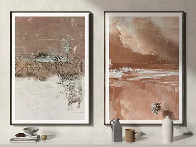 Abstract Framed Wall Art Home Decor With Brown Beige Tones And Shelf Vase Mug Bowl 3d model