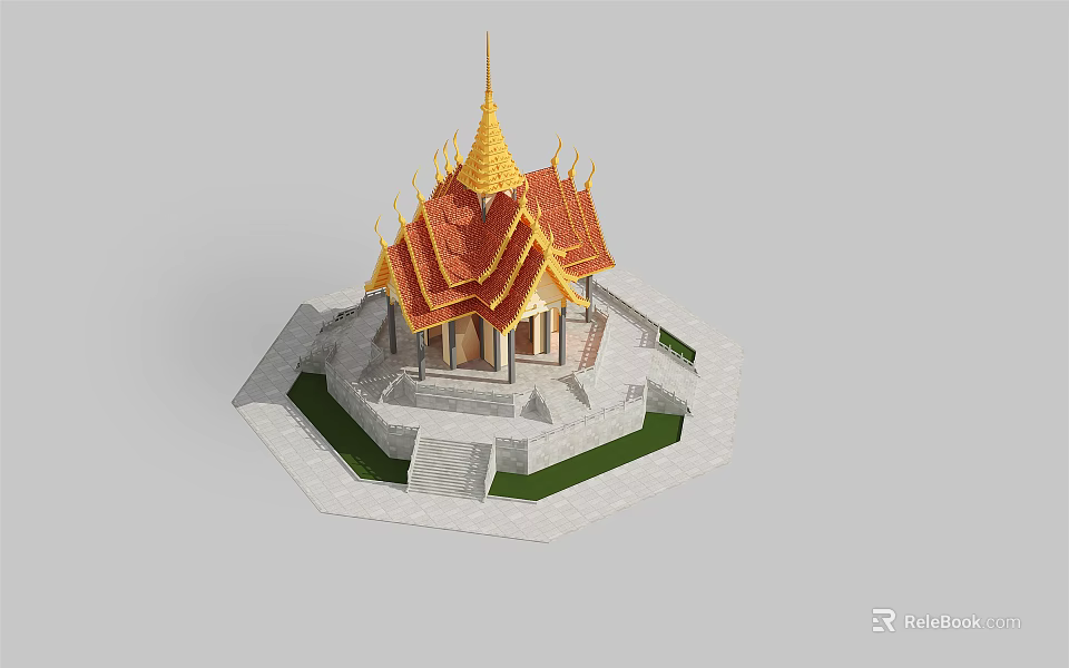 Traditional Thai Style Pavilion With Red Gold Roof Spire And Stone Base Steps Green Lawn 3d model 