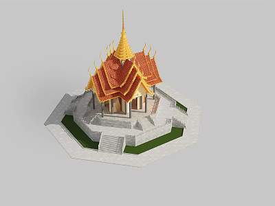Traditional Thai Style Pavilion With Red Gold Roof Spire And Stone Base Steps Green Lawn 3d model