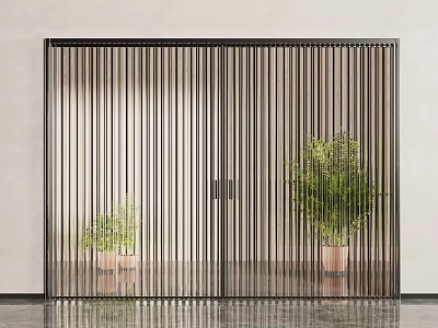Modern Black Framed Hinged Door With Vertical Slats In Interior And Green Plants 3d model