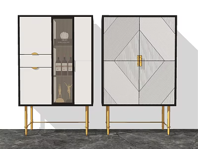 Modern Stylish Wine Cabinet With White Black Design Golden Legs And Geometric Pattern 3d model