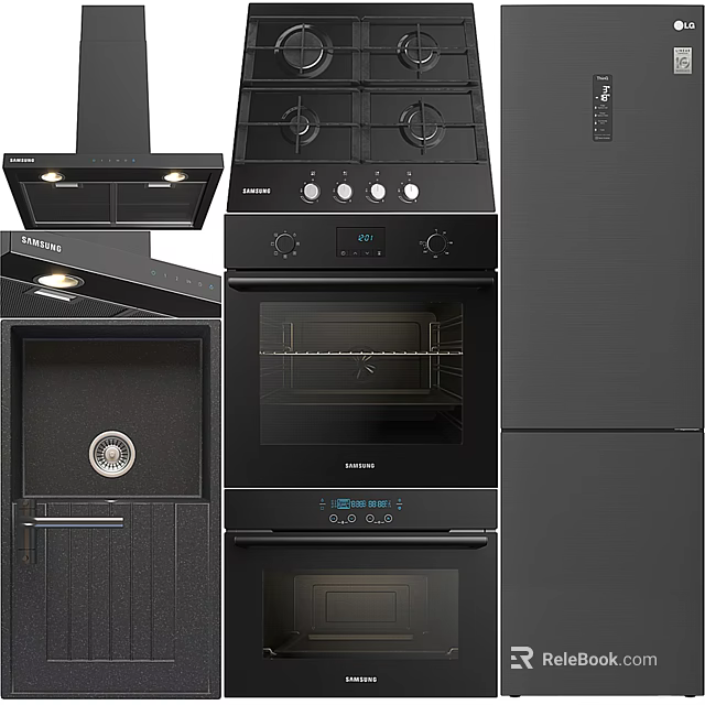 Modern Black Kitchen Appliances With Range Hood Gas Cooktop Oven And Refrigerator 3d model 