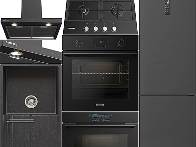 Modern Black Kitchen Appliances With Range Hood Gas Cooktop Oven And Refrigerator 3d model