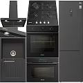 Modern Black Kitchen Appliances With Range Hood Gas Cooktop Oven And Refrigerator