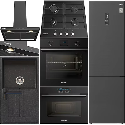 Modern Black Kitchen Appliances With Range Hood Gas Cooktop Oven And Refrigerator 3d model
