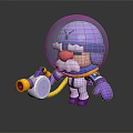 Cartoon Game Space Astronaut Character with Blue Helmet Purple White Suit Beard and Jet Tool