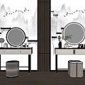 Modern Dressing Table Design With Round Mirrors Stools And Decorative Items 3d model
