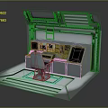 Metallic Industrial Control Panel Station With Chair Display Screens Buttons And Pipes
