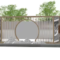 Chinese Scenic Wall With Circular Opening Wooden Slats Rockery Stones Trees And Water Reflection