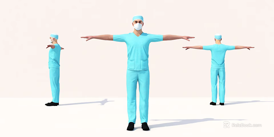 Man in Blue Surgical Scrubs With Face Mask and Cap Arms Outstretched in Three Angles 3d model 