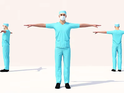 Man in Blue Surgical Scrubs With Face Mask and Cap Arms Outstretched in Three Angles 3d model