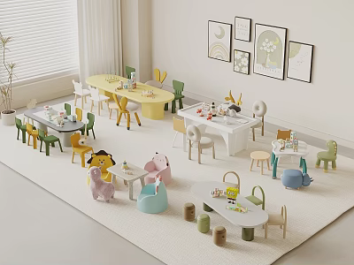 Colorful Kids Table With Matching Chairs And Toys In Bright Playroom Interior 3d model