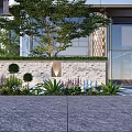 Textured Stone Feature Wall With Green Plants Flowers And Modern Building Entrance