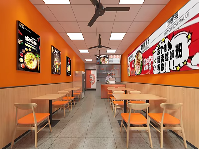 Casual Restaurant Interior With Orange Walls Posters Wooden Tables Chairs Ceiling Fans And Square Lights 3d model
