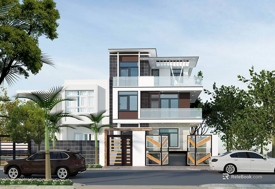 Modern Detached Villa Exterior With Multiple Floors Large Windows Balconies Greenery And Parked Cars 3d model 