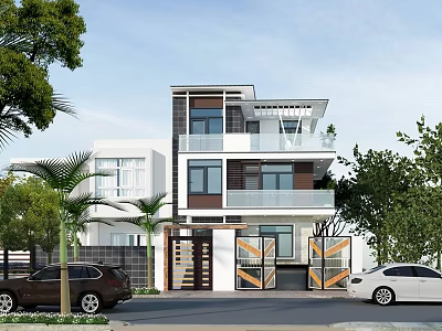 Modern Detached Villa Exterior With Multiple Floors Large Windows Balconies Greenery And Parked Cars 3d model