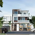Modern Detached Villa Exterior With Multiple Floors Large Windows Balconies Greenery And Parked Cars