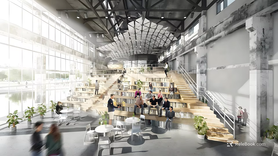 Modern Bookstore Interior With Open Staircase Seating Natural Light And Readers 3d model 