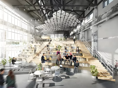Modern Bookstore Interior With Open Staircase Seating Natural Light And Readers 3d model