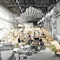 Modern Bookstore Interior With Open Staircase Seating Natural Light And Readers